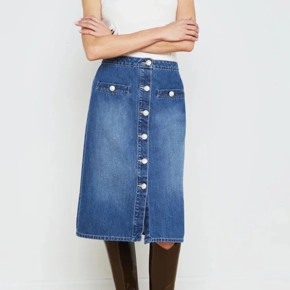 L'AGENCE Landry Button-Front‎ Denim Midi Skirt Blue